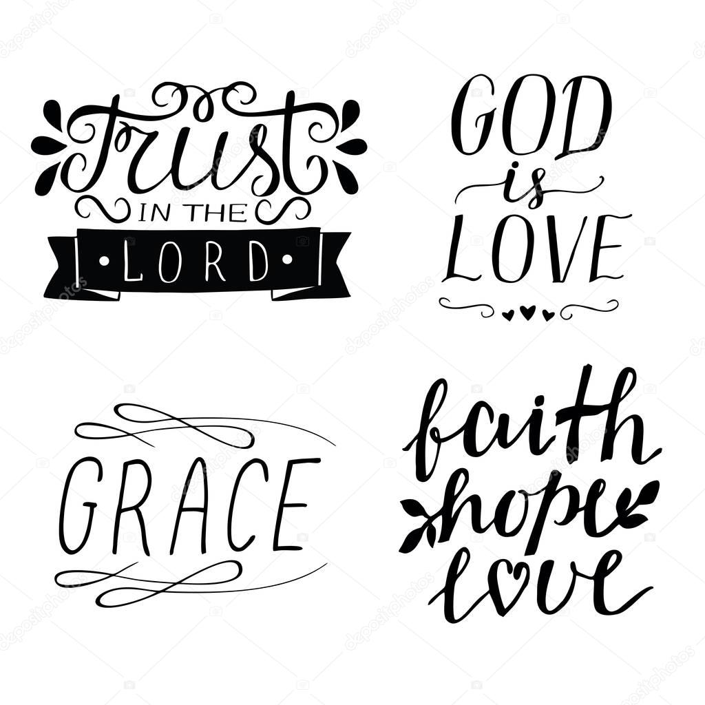 Set of 4 Hand lettering christian quotes God is love. Faith, hope, love. Grace. Trust in the Lord. Biblical background. Poster. Modern calligraphy Card Scripture