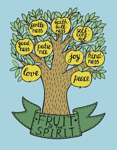 Letras de mano con versículo bíblico El fruto del Espíritu con árbol. Galatas — Vector de stock