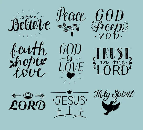 Set of 9 Hand lettering christian quotes Jesus. Holy Spirit. Trust the Lord. Peace. Only believe. Faith. hope. God is love. — Stock Vector