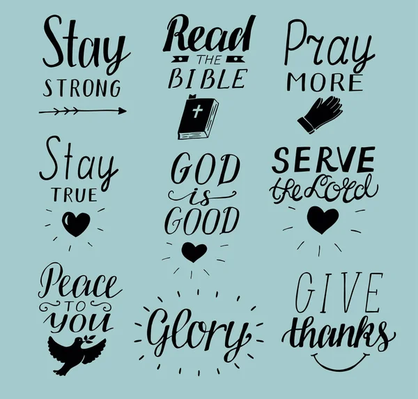 Conjunto de 9 Letras a mano citas cristianas Manténgase fuerte. Paz para ti. Rezad más. Lee la Biblia. Dios es bueno. Servir a Dios. Dale las gracias. Gloria. . — Vector de stock