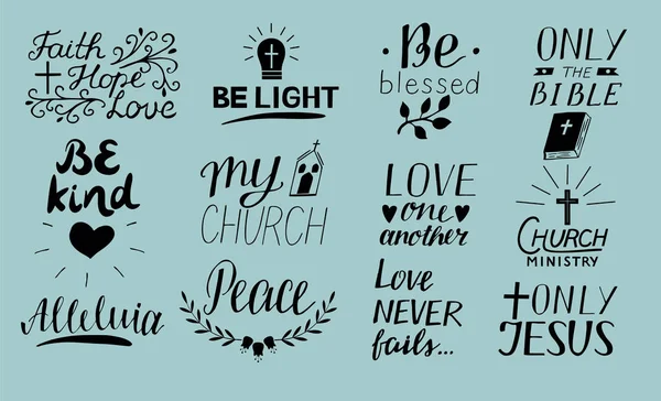Set of 12 Hand lettering christian quotes Only Jesus. Love one another. Church ministry. Alleluia. Be light. Bible. Faith, hope. Peace. Be kind. Blessed. Never fails — Stock Vector