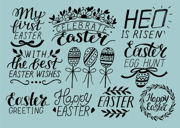 Set di 9 lettere a mano su Pasqua. Lui è risorto. Caccia alle uova. Festeggia . — Vettoriale Stock
