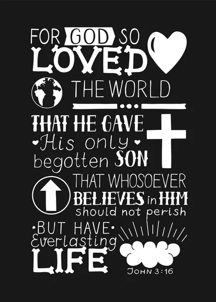 Versetto dorato della Bibbia Giovanni 3 16 Dio infatti ha tanto amato il mondo, ha scritto a mano con cuore e croce su sfondo nero — Vettoriale Stock