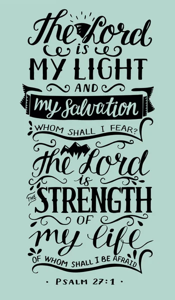 Letras de mano con versículo bíblico El Señor es mi luz y mi salvación sobre fondo azul. Salmo — Vector de stock
