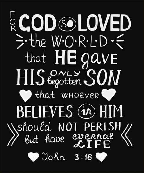 Gyllene bibelvers John 3 16 för Gud så älskade världen gjort hand bokstäver med hjärtan på svart bakgrund. — Stock vektor