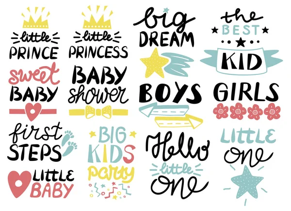 필기와 13 어린이 로고의 컬렉션 작은 하나, 첫 번째 단계, 달콤한 안녕, 베이비 샤워, 큰 꿈, 남자, 여자, 좋은 아이, 왕자, 공주 — 스톡 벡터