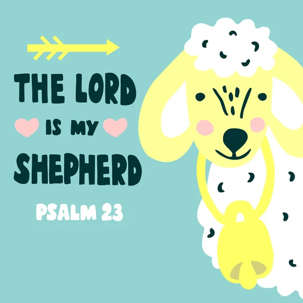Lettres à la main et vers de la Bible Le Seigneur est mon berger avec des brebis. Psaume 23 — Image vectorielle