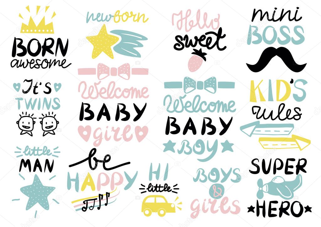 13 children s logo with handwriting Born awesome, Welcome baby, Kids rules, Girls and Boys, Be happy, Newborn, Mini boss, Super hero, Little man, It s twins. Kids background Poster Emblem Icon