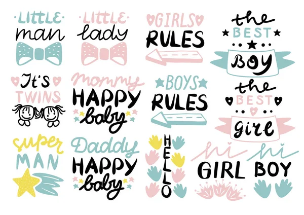 13 dětí s logo s rukopisu mužíček, paní, dívky, chlapci pravidla, mami, táta happy baby, Ahoj, to s dvojčaty. — Stockový vektor
