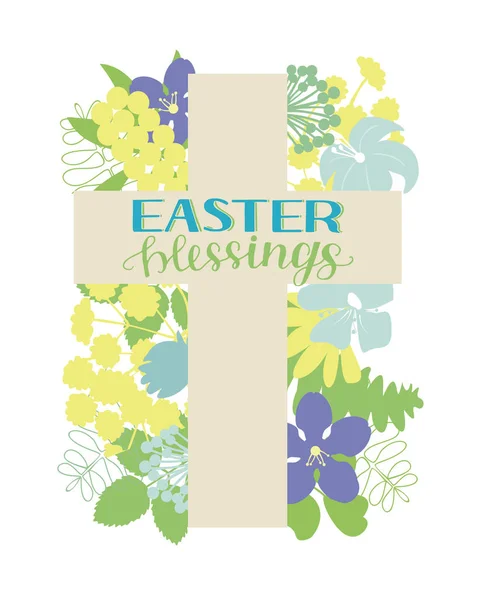 Croce con fiori e iscrizione scritta a mano Pasqua . — Vettoriale Stock