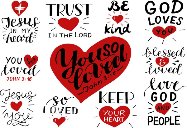 Logo mit Bibelvers und christlichen Zitaten Du so geliebt, Vertrauen in den Herrn, Sei gütig, Jesus in meinem Herzen — Stockvektor