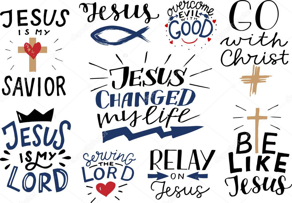 Hand lettering set with Bible verse and Christian quotes Jesus is my Savior, Servig the Lord, my Lord, Overcome evil with good. Biblical background. Modern calligraphy Scripture print. Logo