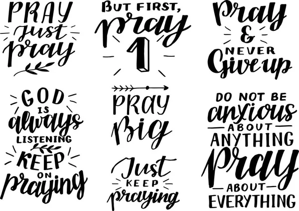 Lettrage à la main avec citation inspirante Mais priez d'abord. N'abandonne jamais. Continuez à prier. — Image vectorielle