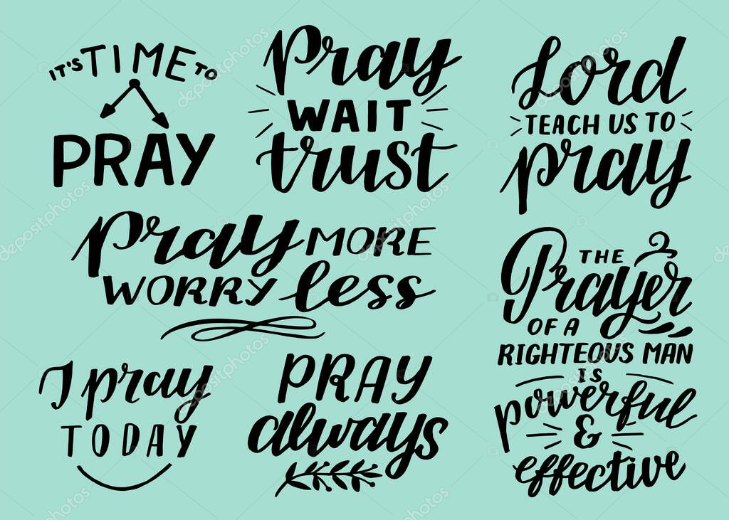 Hand lettering set with inspirational quote Lord, teach us to pray. More, worry less. The Prayer of righteous man. Biblical background. Bible verse Scripture print. Christian poster. Motivational