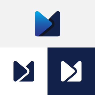 Müzik çalmak ve seyahat etmek için M harfi logosu mavi gradyan düz ve modern stil tasarımı ile
