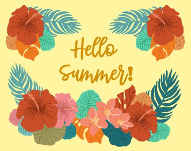 Merhaba yaz şablon arkaplan tasarımı için düz dizayn tarzına sahip güzel çiçek ve palmiye yaprağı çizimi içerir