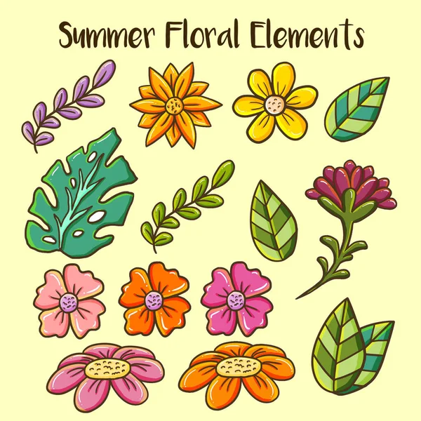 Summer Spring Floral Elements Package Beautiful Colorful Leaf Flower Object — Stock Vector