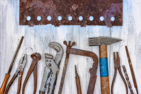 Old Rusty Tools Lie Workbench — Stock Photo, Image