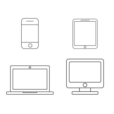 Cep telefonu, tablet, dizüstü bilgisayar ve masaüstü bilgisayar anahat simgeleri ayarlayın. Vektör 