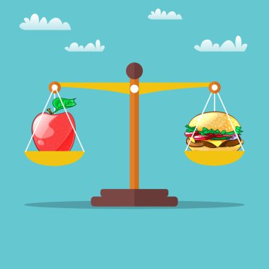 Hamburger ve elma ölçeklerde. Vektör çizim