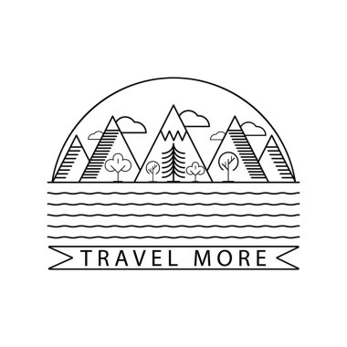 Dağ ve doğa manzara logolu metin. Doğrusal vektör çizim