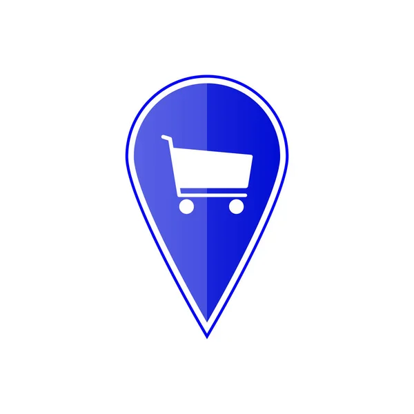 買い物カゴを持つ青いマップ ポインター。ベクトル図 — ストックベクタ