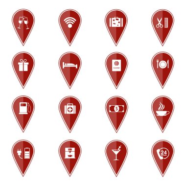 Kırmızı harita işaretçiler spor simgeleri ile ayarlayın. Vektör çizim