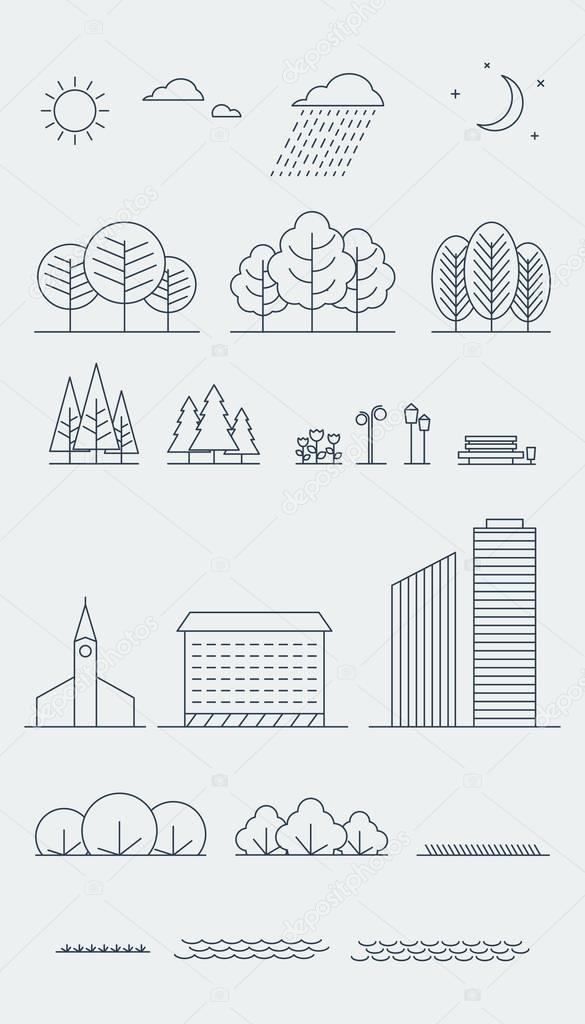 City landscape design elements. Linear style. Vector illustration.