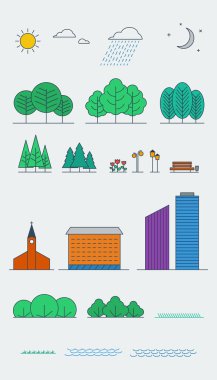 Şehir peyzaj tasarım öğeleri. Doğrusal tarzı. Vektör çizim.