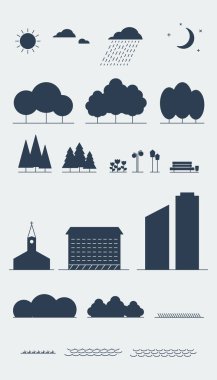 Şehir peyzaj tasarım öğeleri. Siluet stil. Vektör.