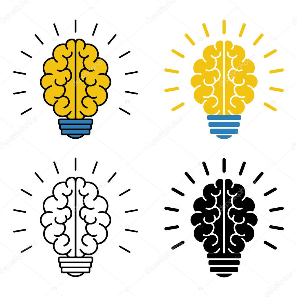 Set of brain light bulb icons. Vector illustration