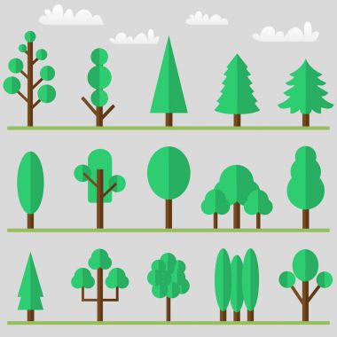 Ağaç simgesiyle bulutlar ve çim ile ayarla. Vektör çizim
