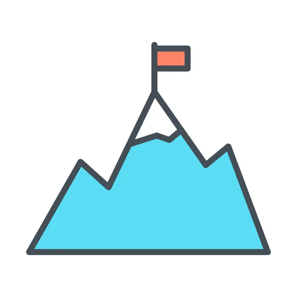 Montañas con bandera en el icono de la línea pico. Objetivo logro contorno símbolo. Vector — Vector de stock
