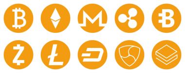 Cryptocurrency simgeleri internet para için ayarlayın. Blockchain güvenli temel. Vektör