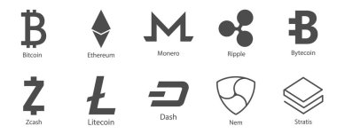 Cryptocurrency simgeleri internet para için ayarlayın. Blockchain güvenli temel. Vektör
