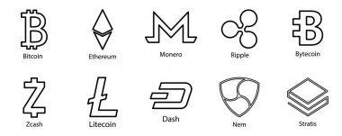 Cryptocurrency simgeleri internet para için ayarlayın. Blockchain güvenli temel. Vektör