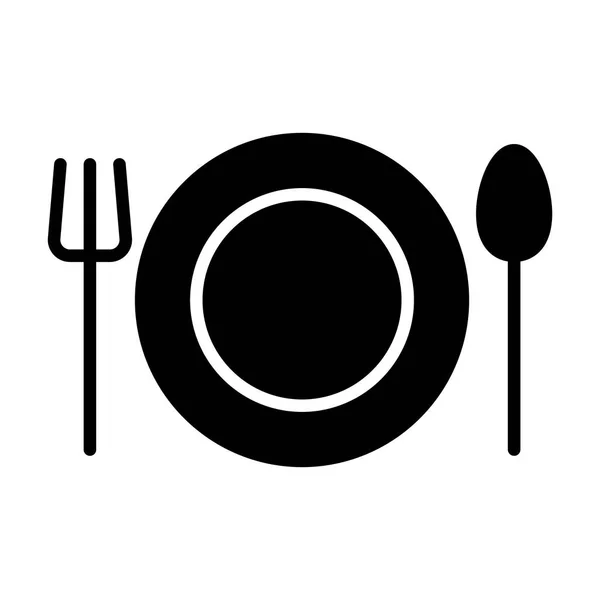 Teller, Gabel und Löffel. Restaurant Vektor einfaches minimales 96x96 Piktogramm. Besteckschild — Stockvektor