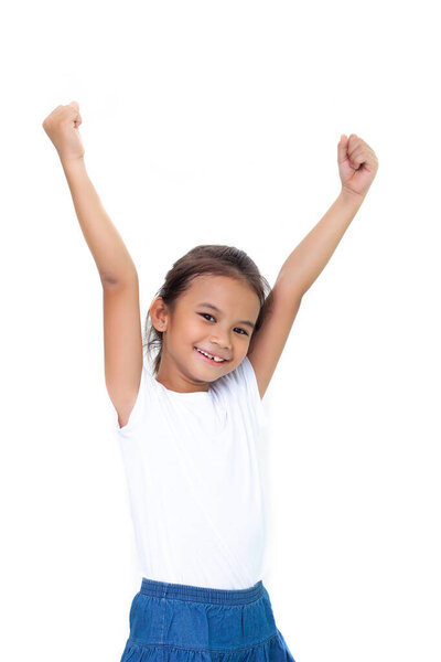 Children raise happy hands isolate on white background.