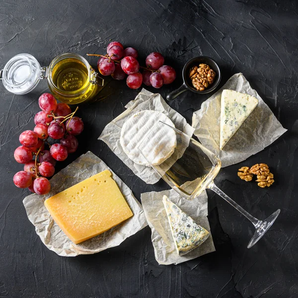 Cheese Appetizer Snacks French Cheese Glass Sauvignon Wine Blackboard Square — Stock Photo, Image