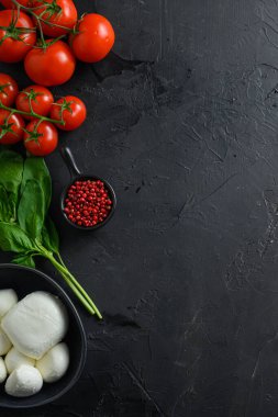 Küçük mozzarella peyniri topları, taze kiraz domatesleri, fesleğen yaprağı, siyah kayrak taşından yapılmış siyah karatahta kapmaca salatası için peynir yazı için dikey boşluk. Üst görünüm