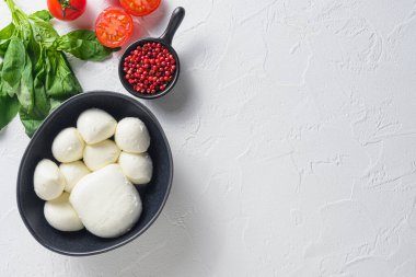 Taze fesleğen yapraklı Mozzarella peynir topları ve İtalyan Caprese salatasının içeriği olan kiraz domatesleri, yazı için beyaz arka planda fotoğraf alanı