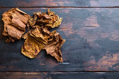 kuru yapraklar tütün Nicotiana tabacum ve tütün yaprakları eski ahşap tahta masa üzerinde metin için karanlık üst görünüm alanı.