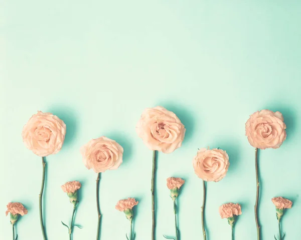 Vintage pink roses and carnations on mint — Stock Photo, Image