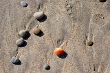 Islak kumda renkli taşlar. Küçük taşlı kum. Fotoğrafı kapat. Okyanus kıyısı