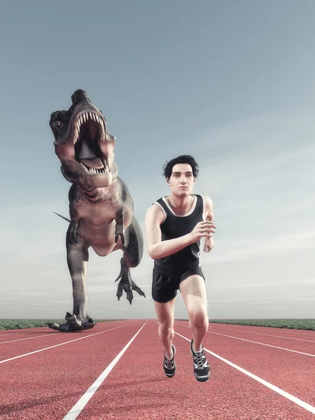Sportovec a dinosaurus běží — Stock fotografie