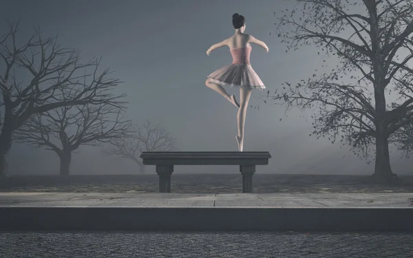 芭蕾舞女演员在一条长凳上跳舞 — 图库照片