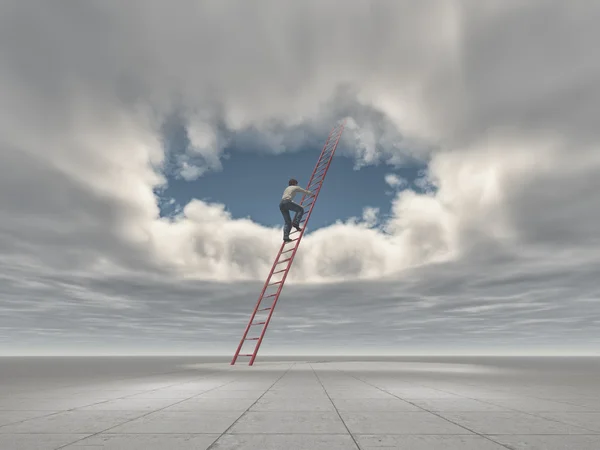 Man climb a ladder to a hole in the sky — Stock Photo, Image