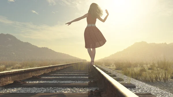 Demiryolu üzerinde yürüyen bir kız — Stok fotoğraf