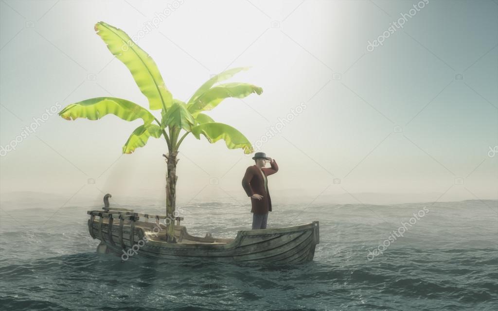 Man sitting in old wooden boat 