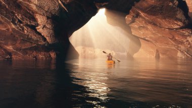 Kayaker  floating to the cave clipart